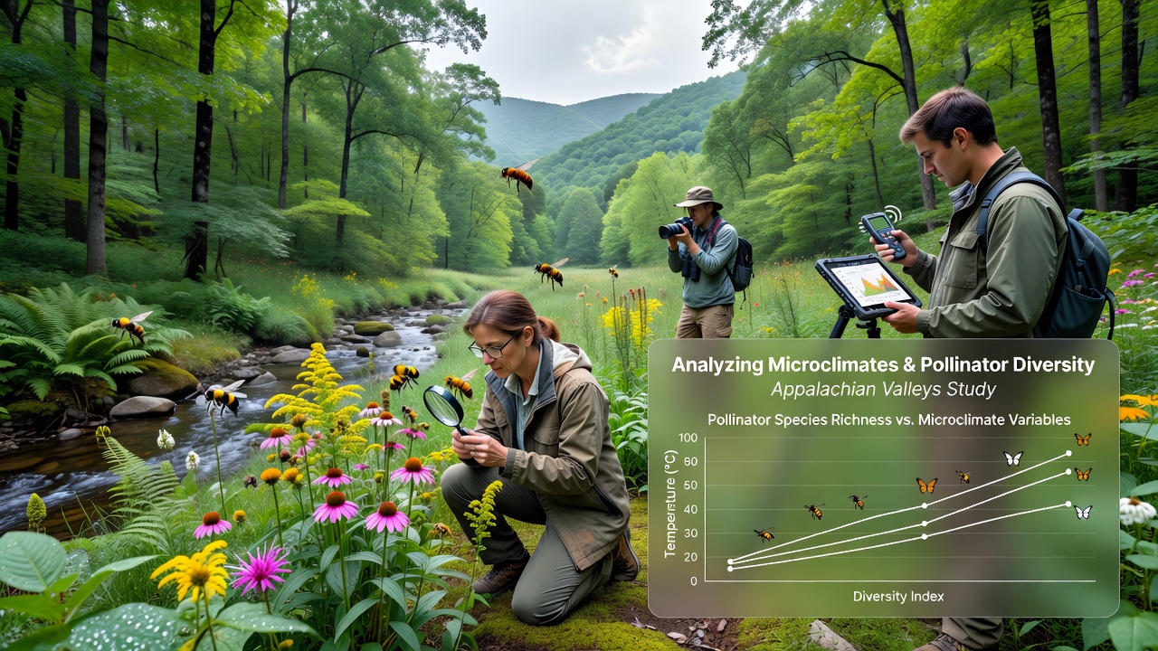 Diverse pollinator species including bees and butterflies active on native wildflowers within a sheltered Appalachian microclimate