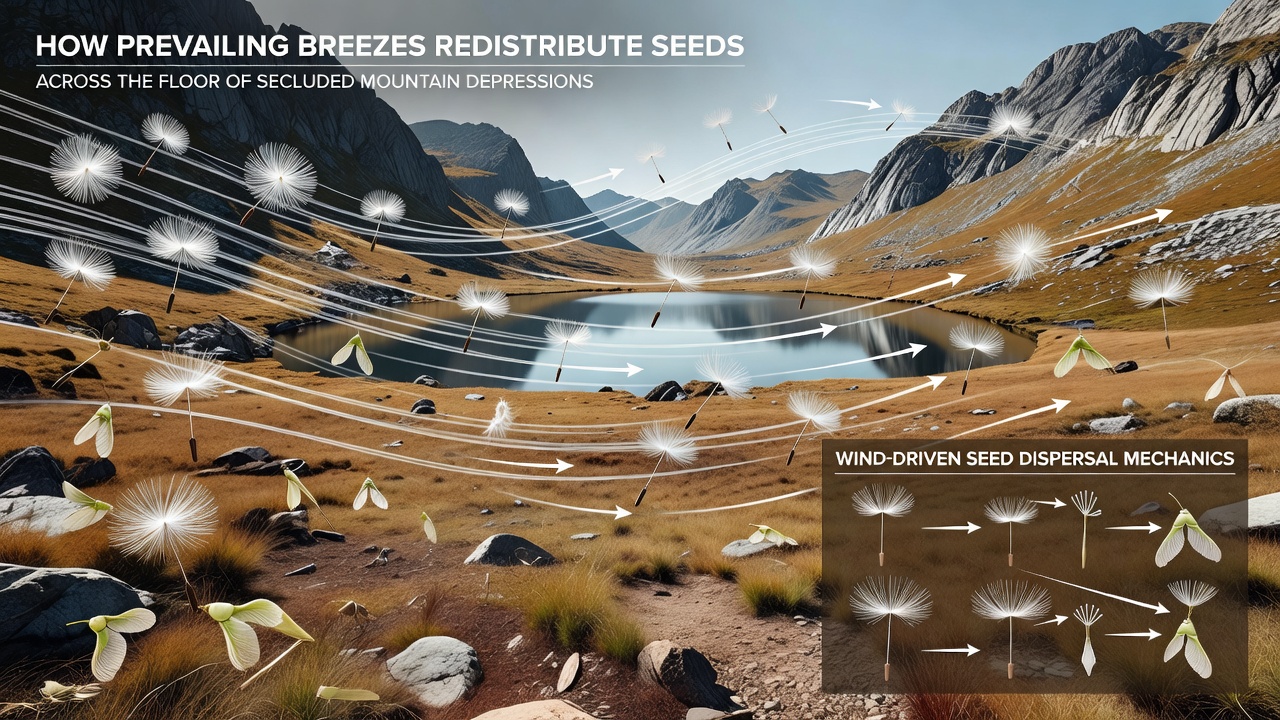 Close-up view of seeds settling on the leaf litter within a secluded mountain depression after wind transport