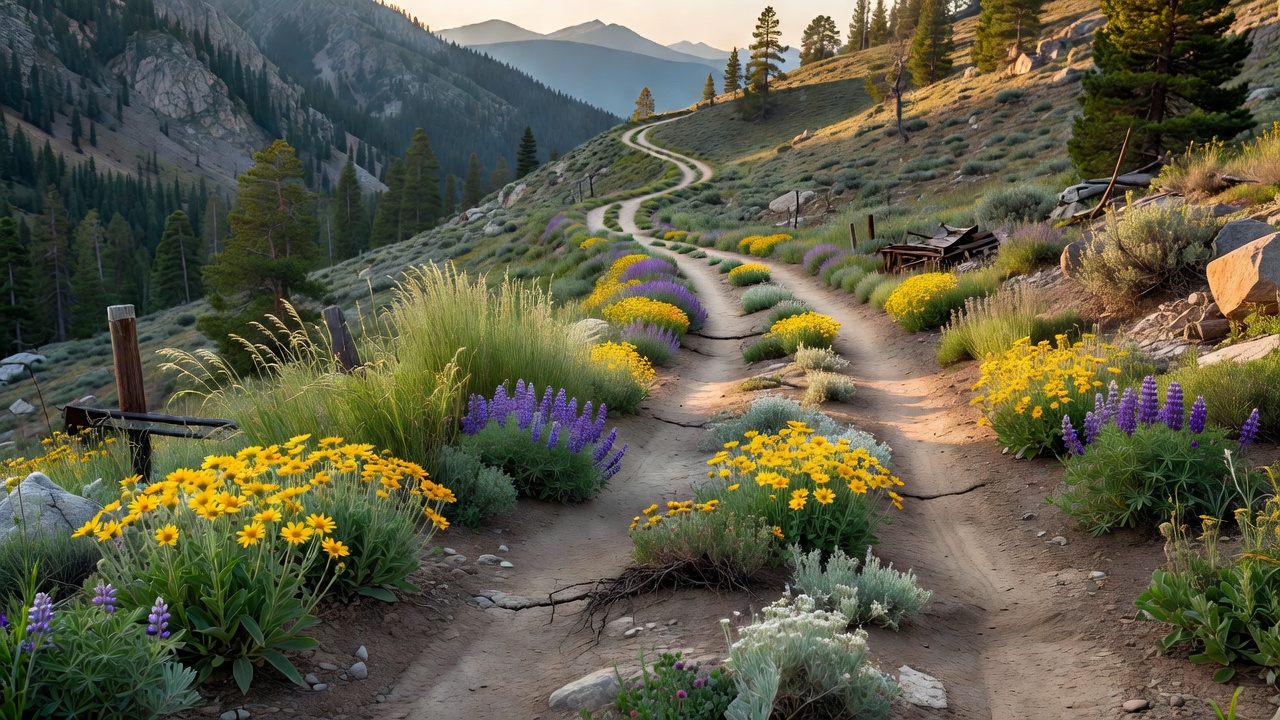 Close view of native herbs colonizing the edge of a reclaimed mining road in a mountain depression